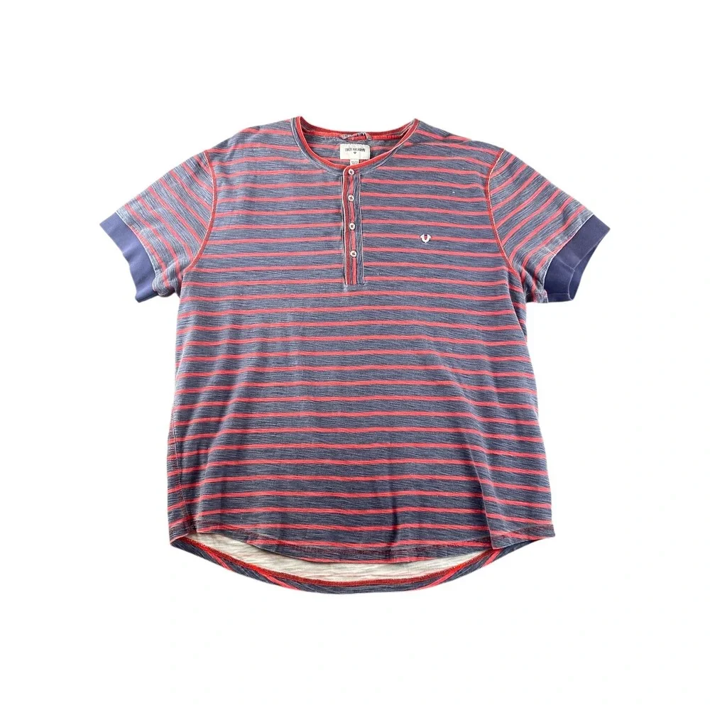 True Religion Henley T Shirt Striped Red Blue Short Sleeve Men‎ XXL